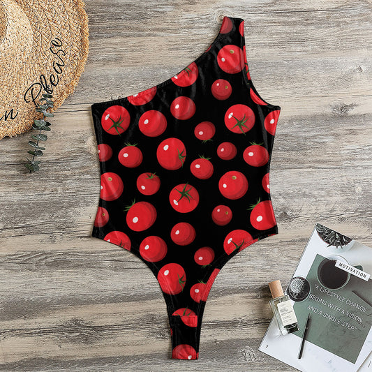 Red Tomato Pattern Print One Shoulder Bodysuit