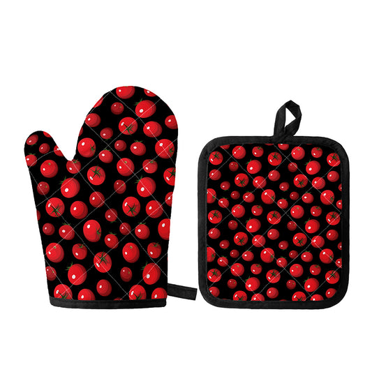 Red Tomato Pattern Print Oven Mitt And Pot Holder Set
