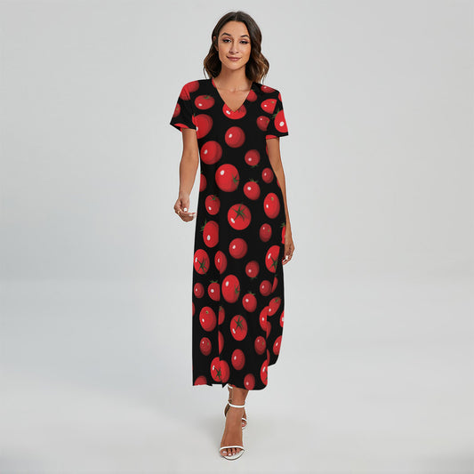 Red Tomato Pattern Print Short Sleeve Maxi Dress