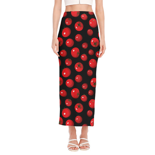 Red Tomato Pattern Print Side Slit Maxi Skirt