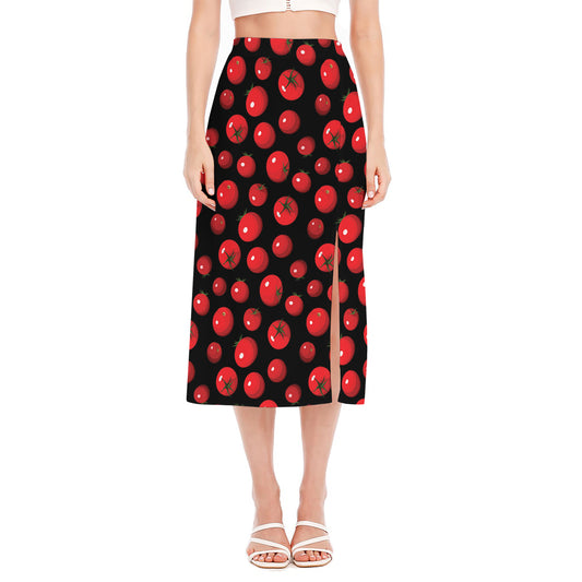 Red Tomato Pattern Print Side Slit Midi Skirt