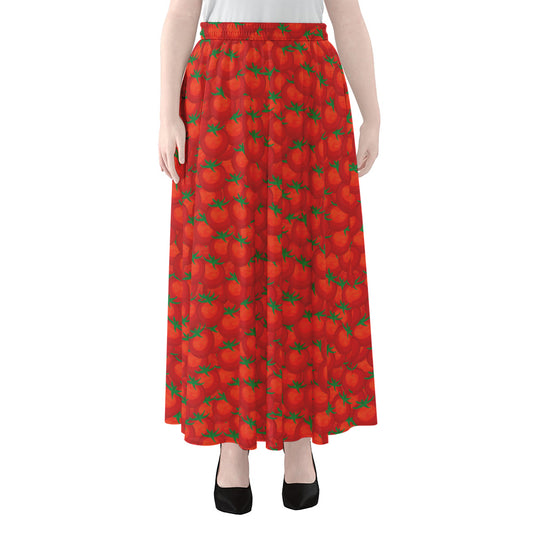 Red Tomatoes Pattern Print Chiffon Maxi Skirt