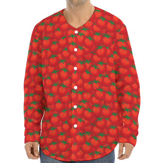 Red Tomatoes Pattern Print Long Sleeve Baseball Jersey
