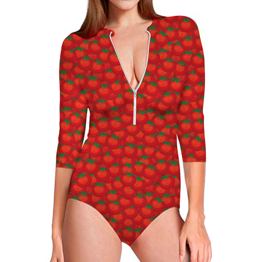 Red Tomatoes Pattern Print Long Sleeve Swimsuit