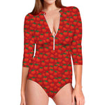 Red Tomatoes Pattern Print Long Sleeve Swimsuit