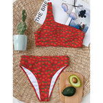 Red Tomatoes Pattern Print One Shoulder Bikini Top