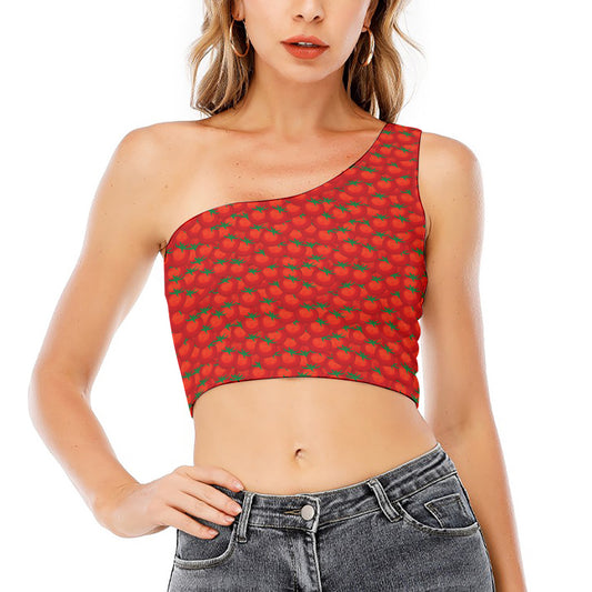 Red Tomatoes Pattern Print One Shoulder Crop Top