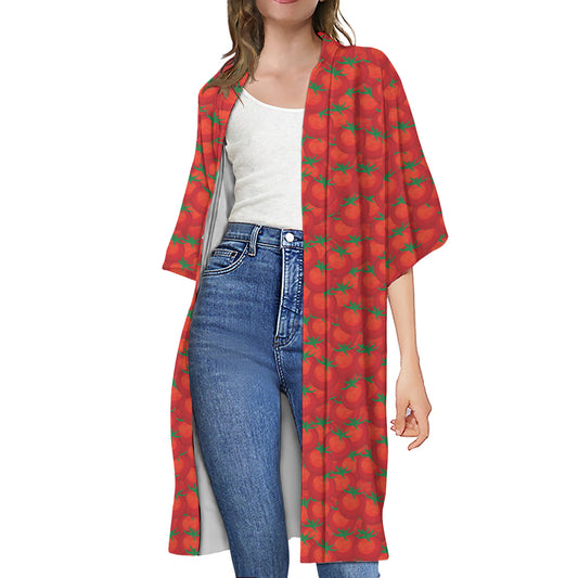 Red Tomatoes Pattern Print Open Front Beach Cover Up
