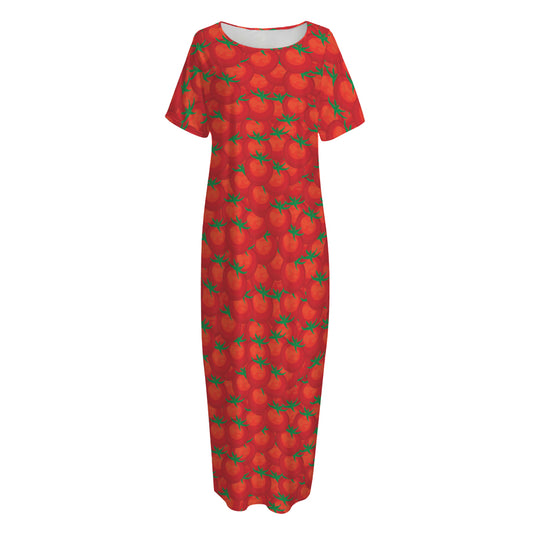 Red Tomatoes Pattern Print Short Sleeve Long Nightdress