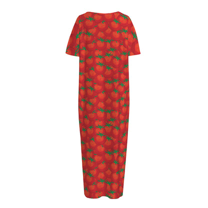 Red Tomatoes Pattern Print Short Sleeve Long Nightdress