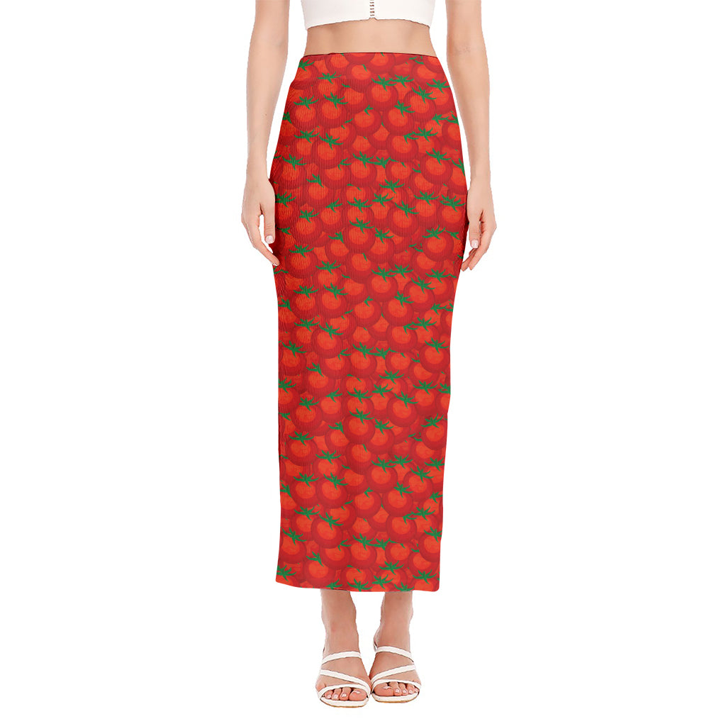 Red Tomatoes Pattern Print Side Slit Maxi Skirt