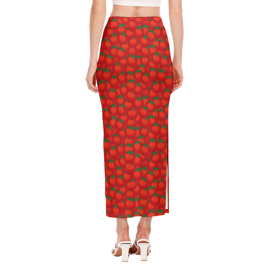Red Tomatoes Pattern Print Side Slit Maxi Skirt