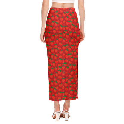 Red Tomatoes Pattern Print Side Slit Maxi Skirt