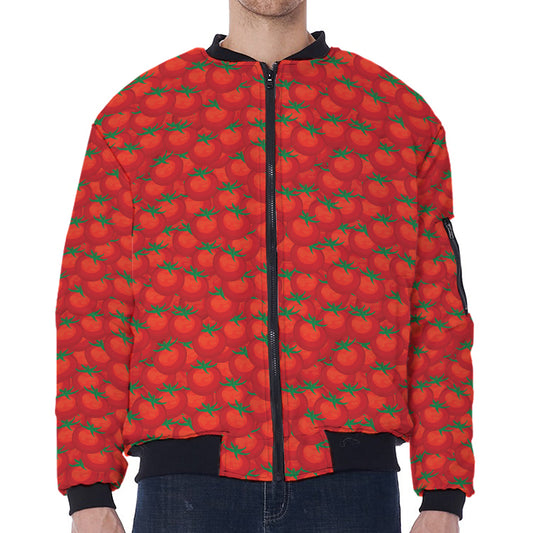 Red Tomatoes Pattern Print Zip Sleeve Bomber Jacket