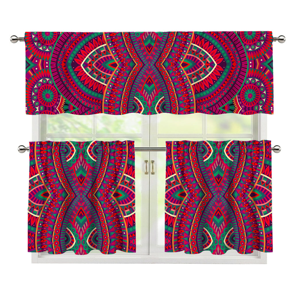 Red Tribal Ethnic Mandala Print 3 Piece Kitchen Curtains