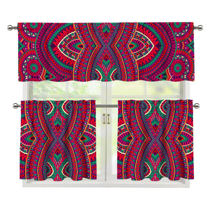 Red Tribal Ethnic Mandala Print 3 Piece Kitchen Curtains