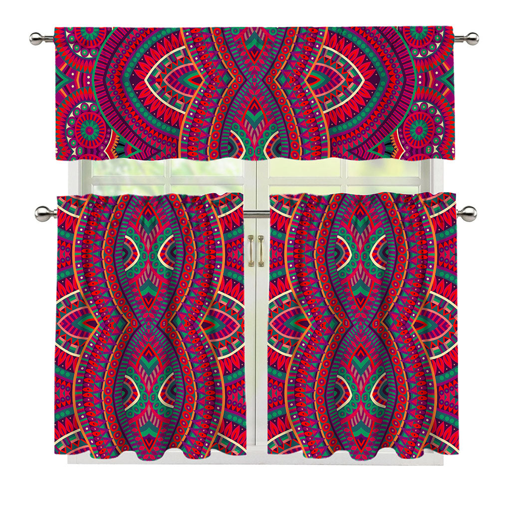 Red Tribal Ethnic Mandala Print 3 Piece Kitchen Curtains