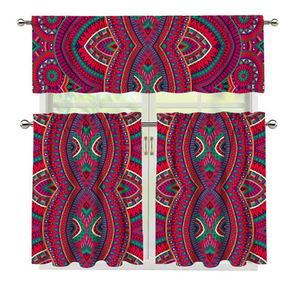 Red Tribal Ethnic Mandala Print 3 Piece Kitchen Curtains