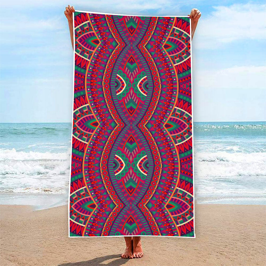 Red Tribal Ethnic Mandala Print Beach Towel