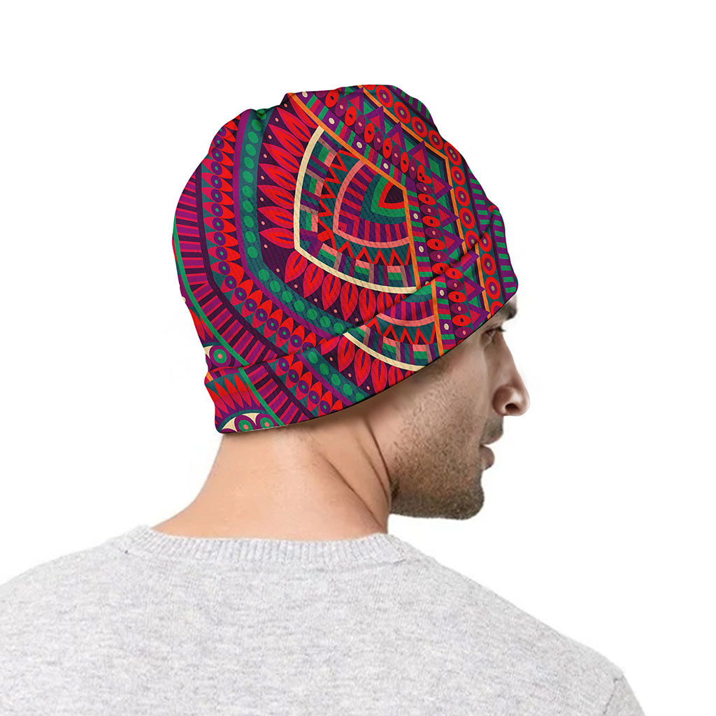 Red Tribal Ethnic Mandala Print Beanie
