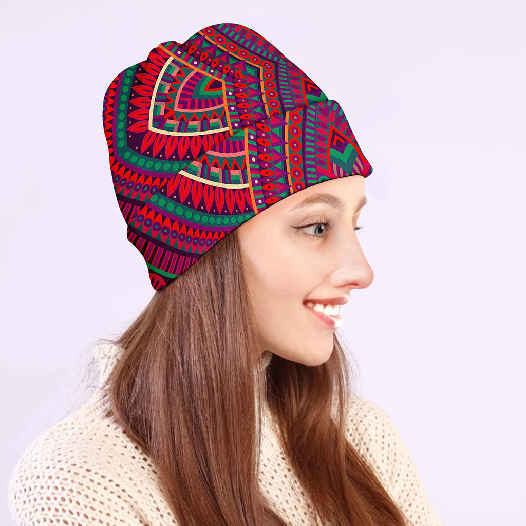 Red Tribal Ethnic Mandala Print Beanie