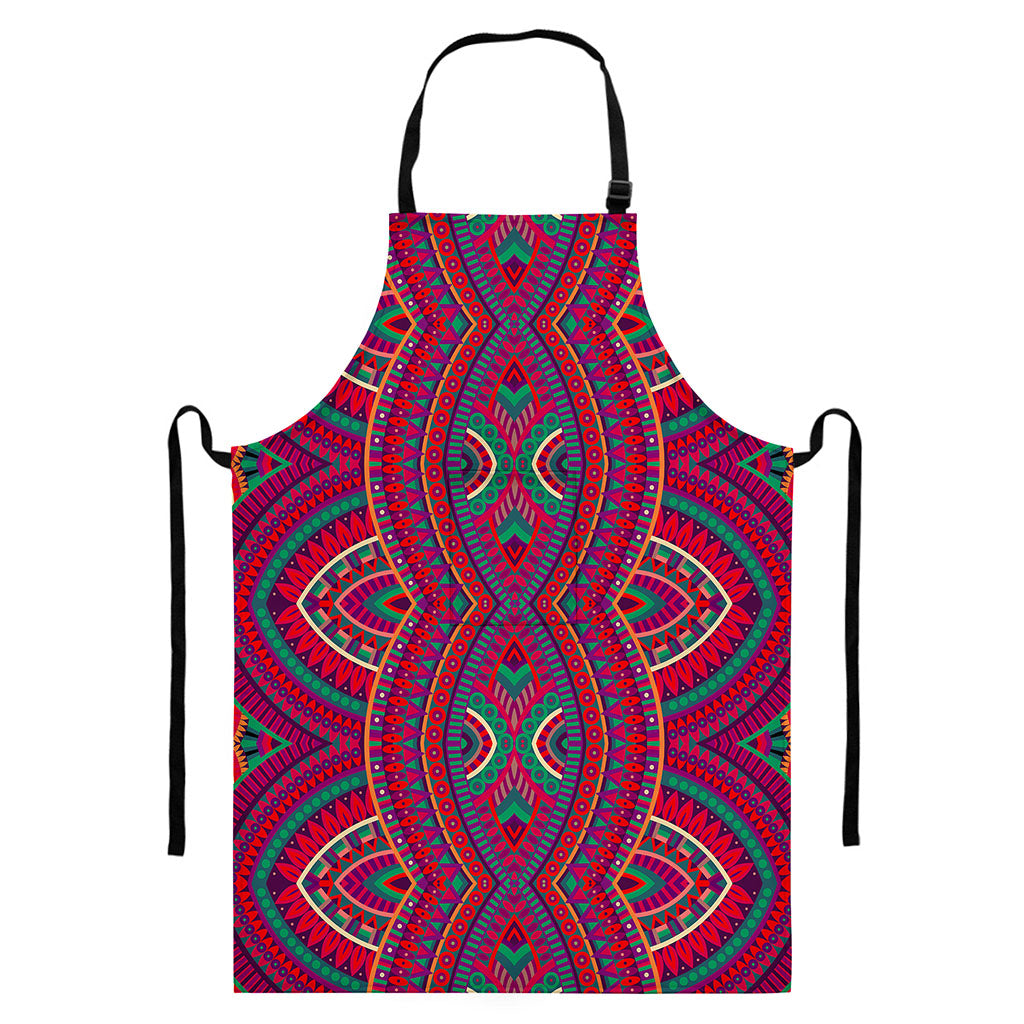 Red Tribal Ethnic Mandala Print Bib Apron With Pocket