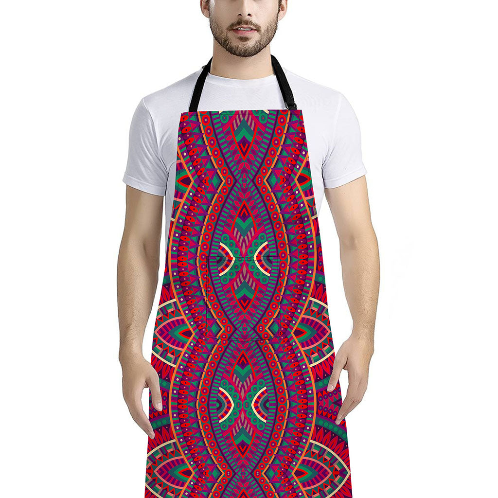 Red Tribal Ethnic Mandala Print Bib Apron With Pocket