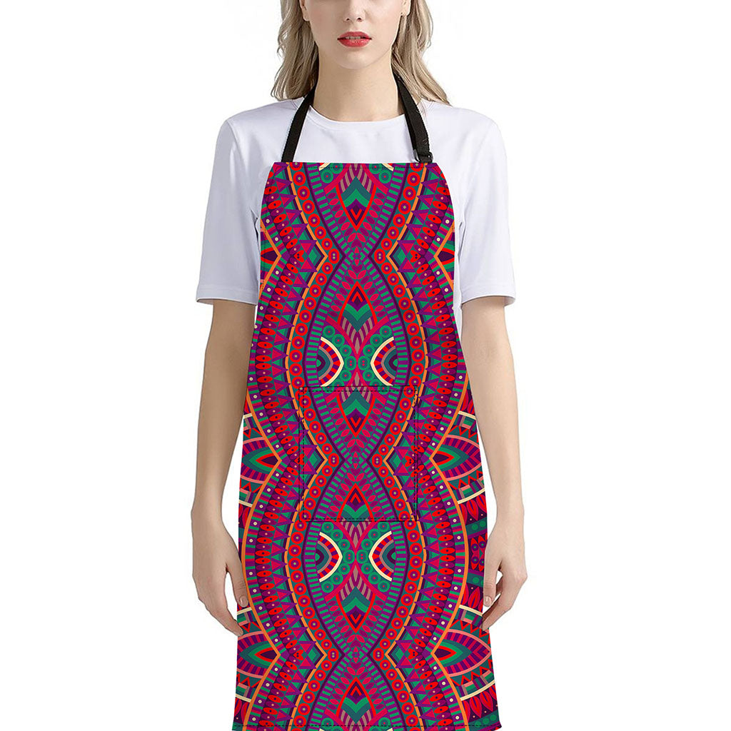 Red Tribal Ethnic Mandala Print Bib Apron With Pocket