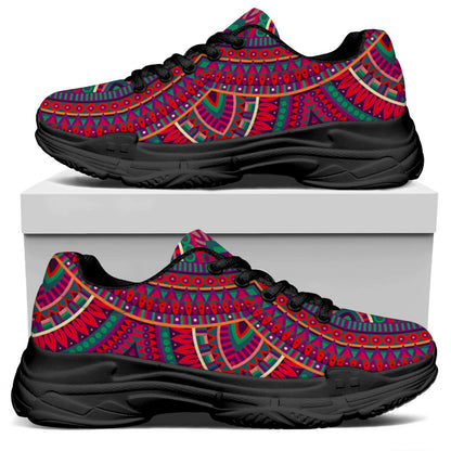 Red Tribal Ethnic Mandala Print Black Chunky Shoes