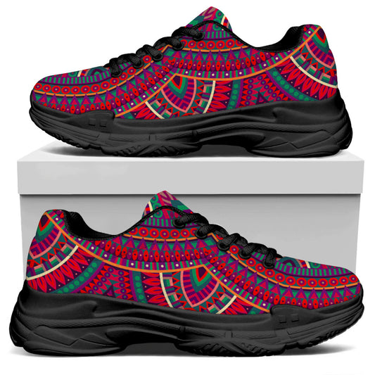 Red Tribal Ethnic Mandala Print Black Chunky Shoes