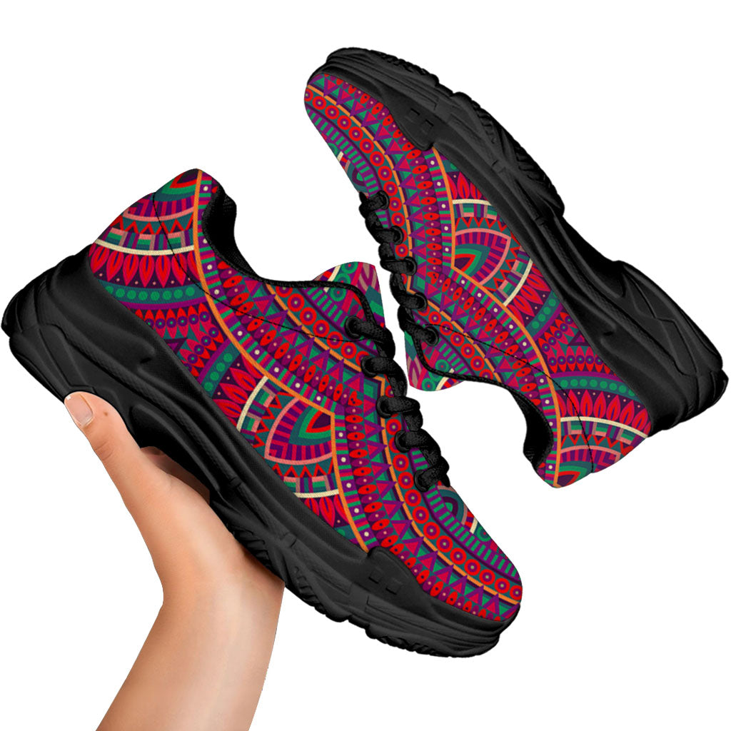 Red Tribal Ethnic Mandala Print Black Chunky Shoes