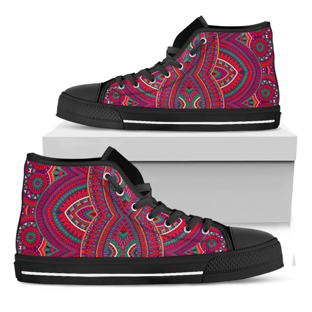 Red Tribal Ethnic Mandala Print Black High Top Sneakers