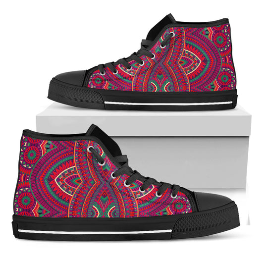 Red Tribal Ethnic Mandala Print Black High Top Sneakers