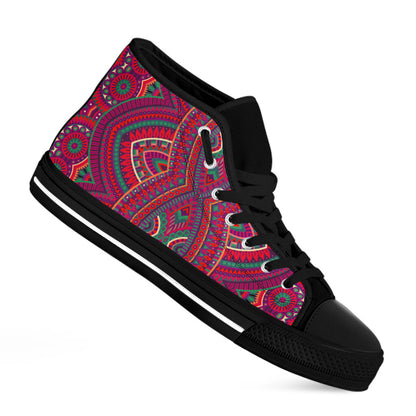 Red Tribal Ethnic Mandala Print Black High Top Sneakers