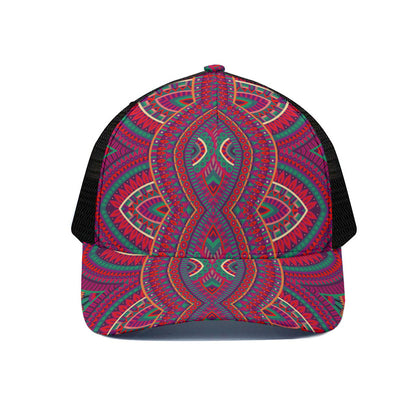 Red Tribal Ethnic Mandala Print Black Mesh Trucker Cap