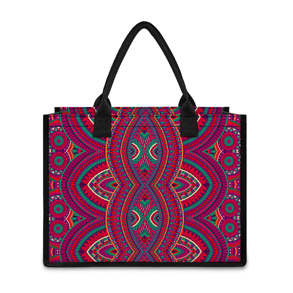 Red Tribal Ethnic Mandala Print Canvas Tote Bag