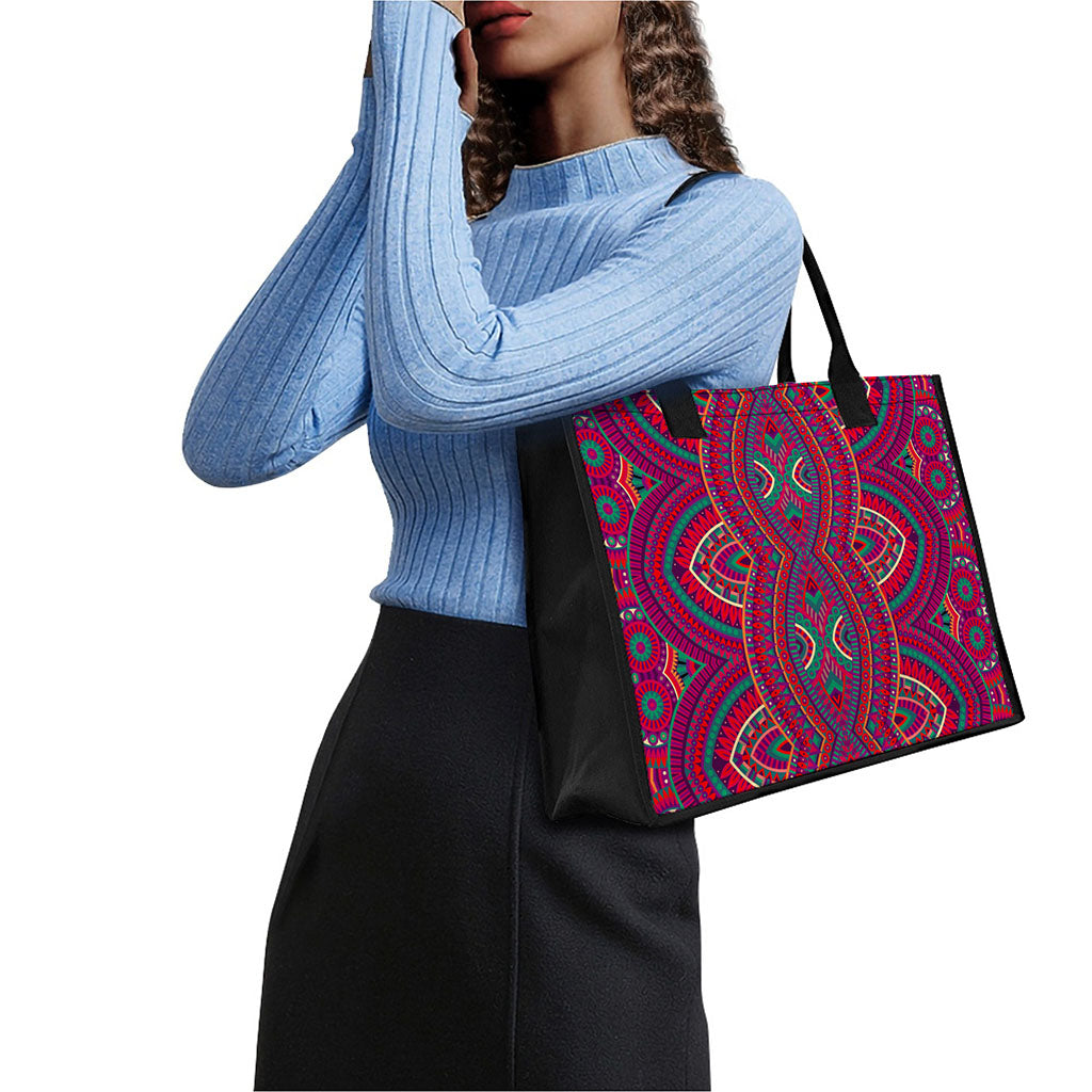Red Tribal Ethnic Mandala Print Canvas Tote Bag