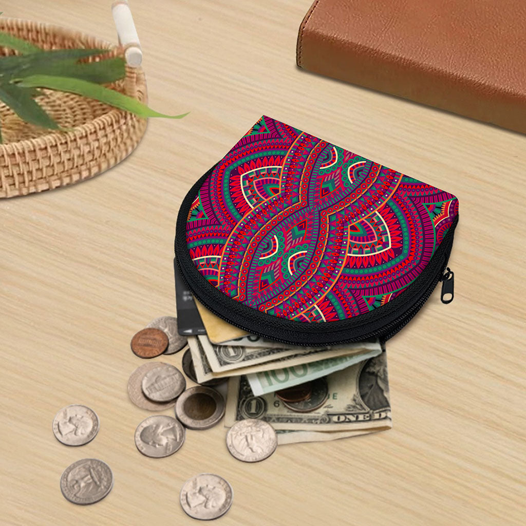Red Tribal Ethnic Mandala Print Coin Purse
