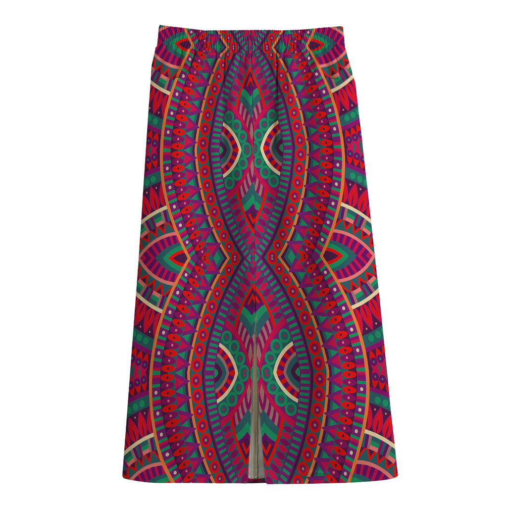 Red Tribal Ethnic Mandala Print Cotton Front Slit Maxi Skirt