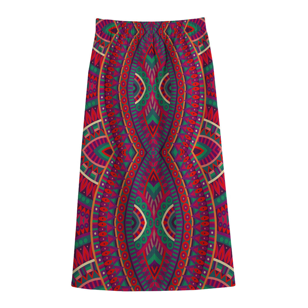 Red Tribal Ethnic Mandala Print Cotton Front Slit Maxi Skirt