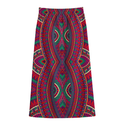 Red Tribal Ethnic Mandala Print Cotton Front Slit Maxi Skirt