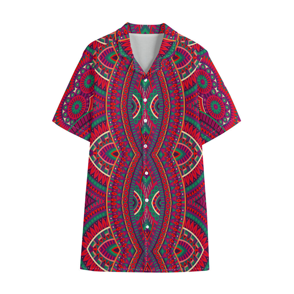 Red Tribal Ethnic Mandala Print Cotton Hawaiian Shirt