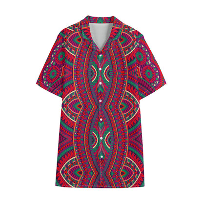 Red Tribal Ethnic Mandala Print Cotton Hawaiian Shirt