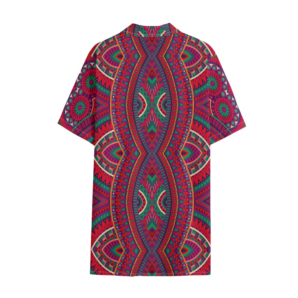 Red Tribal Ethnic Mandala Print Cotton Hawaiian Shirt