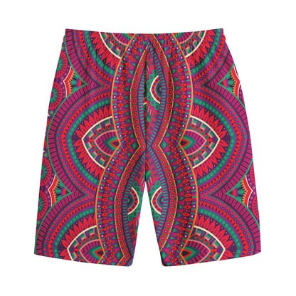 Red Tribal Ethnic Mandala Print Cotton Shorts