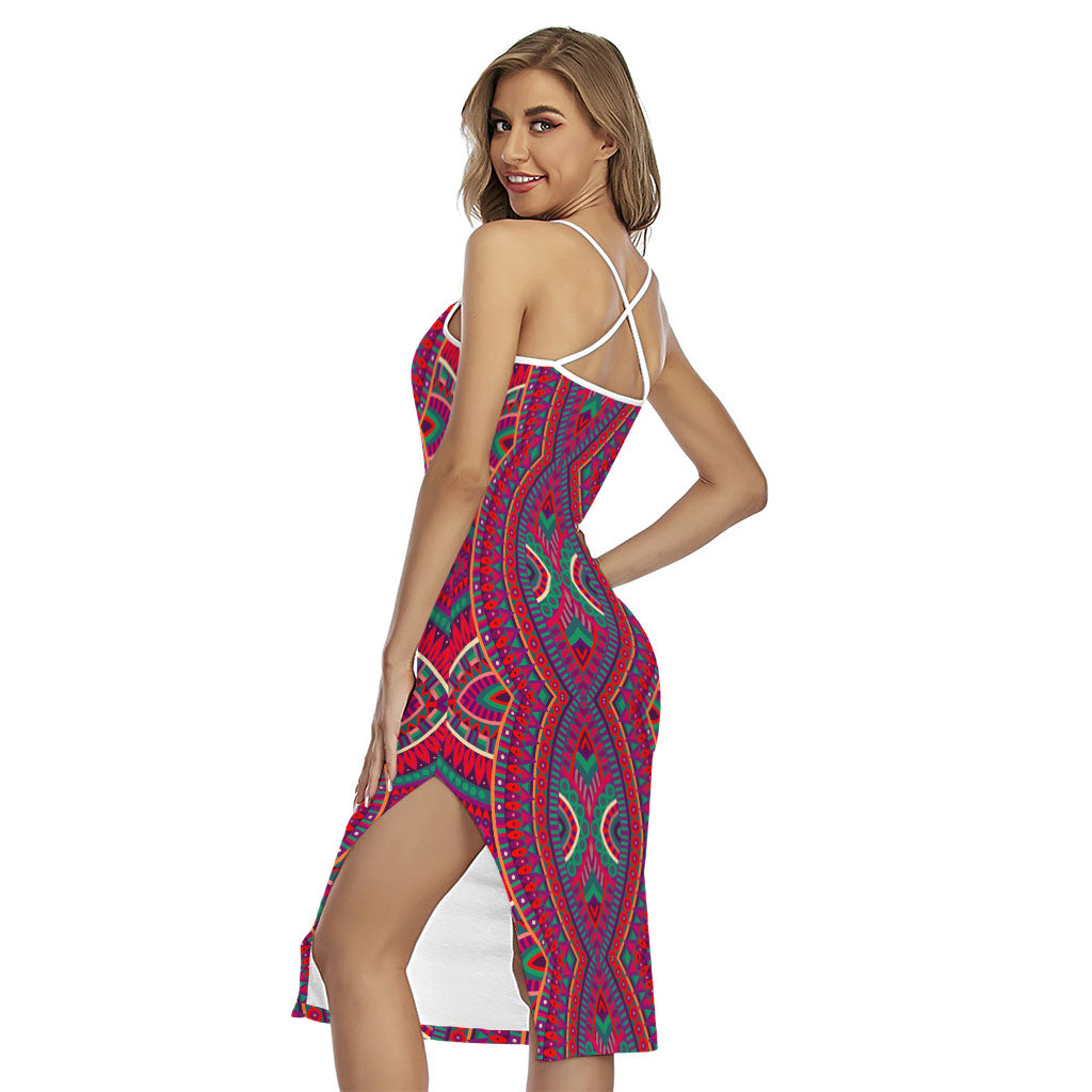 Red Tribal Ethnic Mandala Print Cross Back Cami Dress