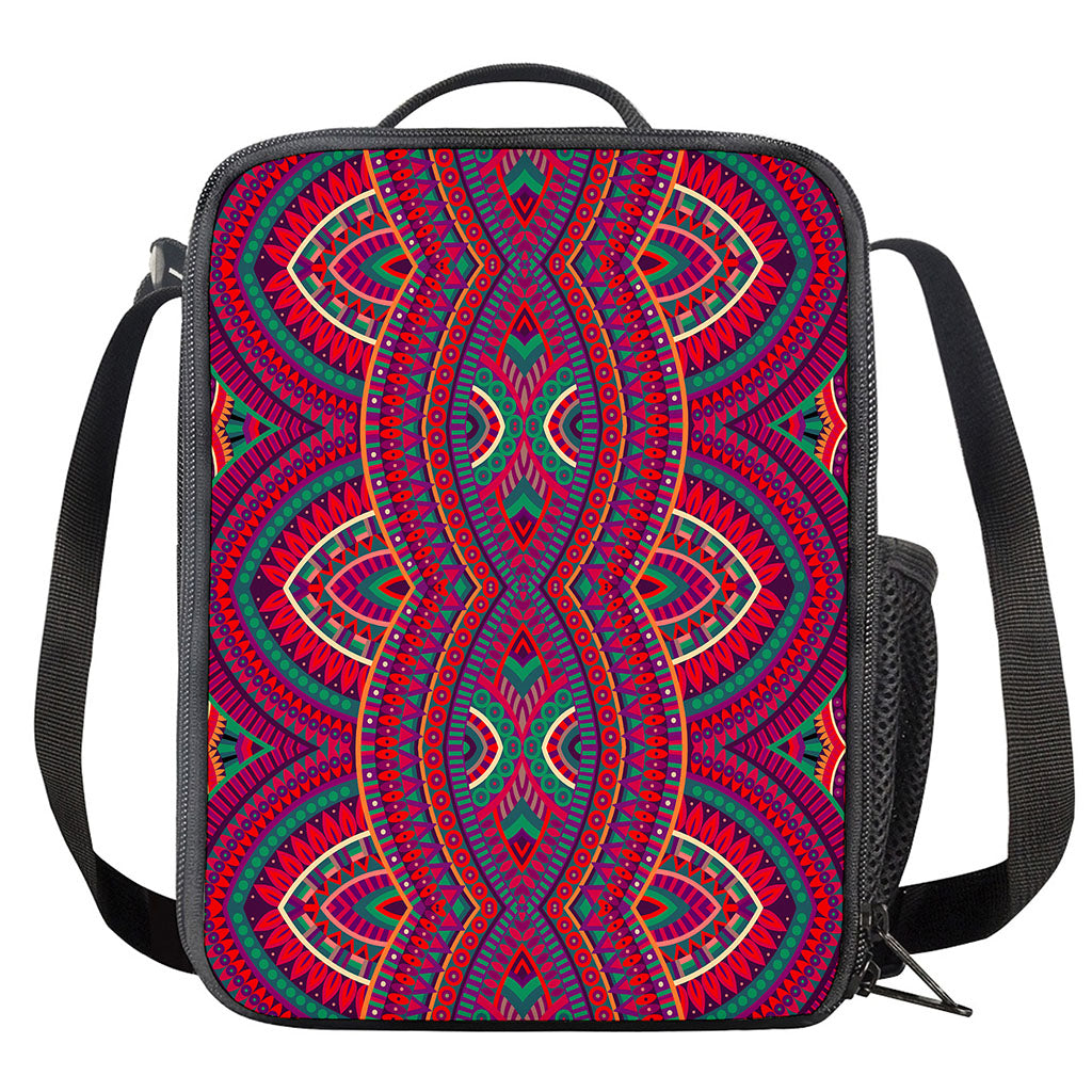 Red Tribal Ethnic Mandala Print Crossbody Lunch Bag
