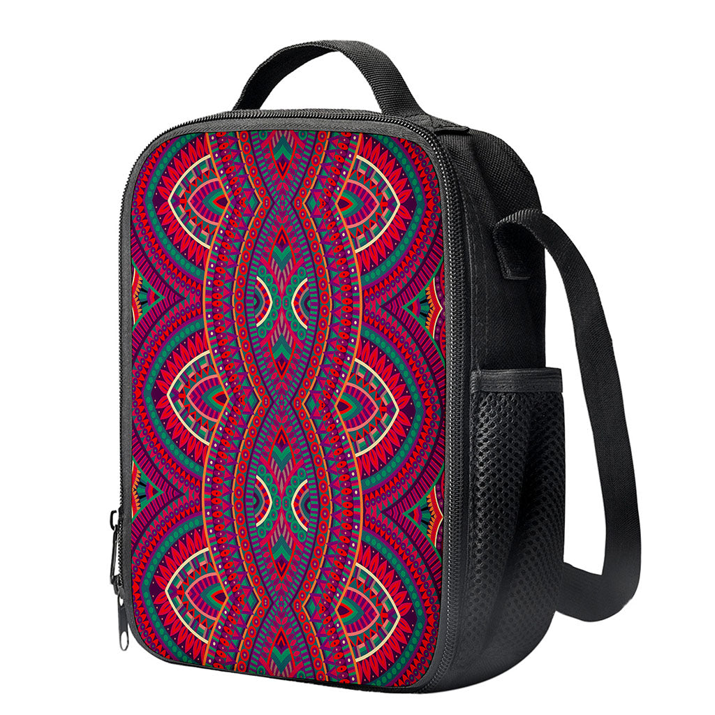 Red Tribal Ethnic Mandala Print Crossbody Lunch Bag