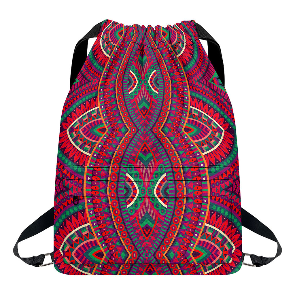 Red Tribal Ethnic Mandala Print Drawstring Backpack