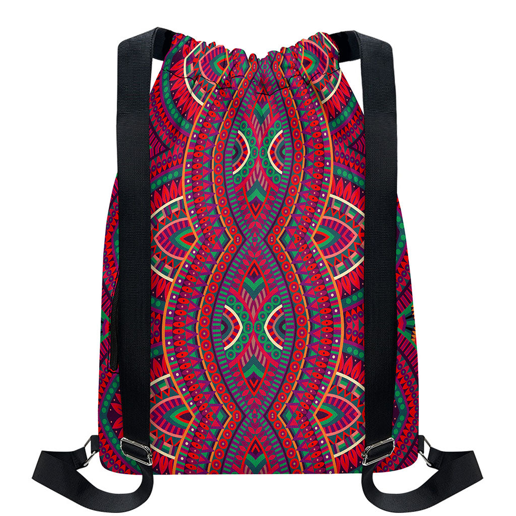 Red Tribal Ethnic Mandala Print Drawstring Backpack